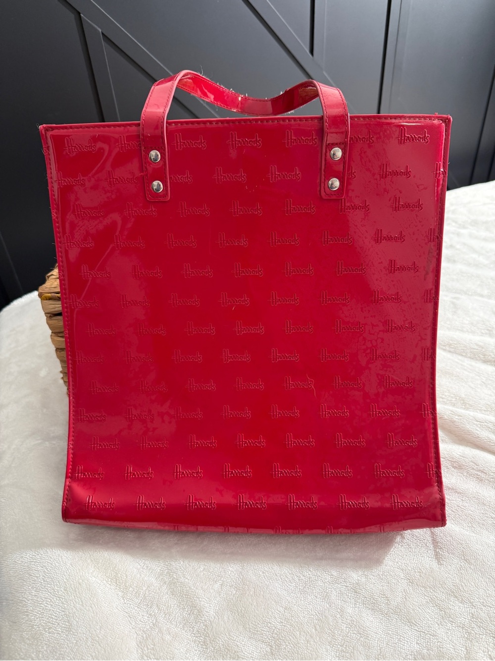 Harrods London Red Patent Embossed Tote Bag Shopper Structured Silver Feet Y2K